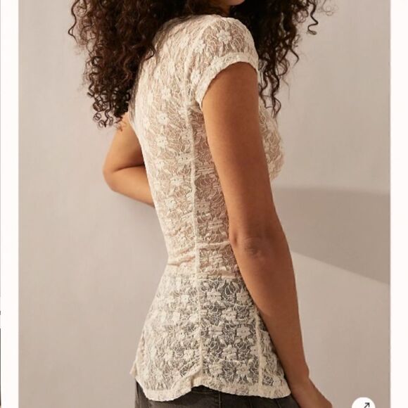 NWOT Free People Keep It Simple Lace Baby Tee Ivory Ruched Semi Sheer Fitted XS - Picture 13 of 14